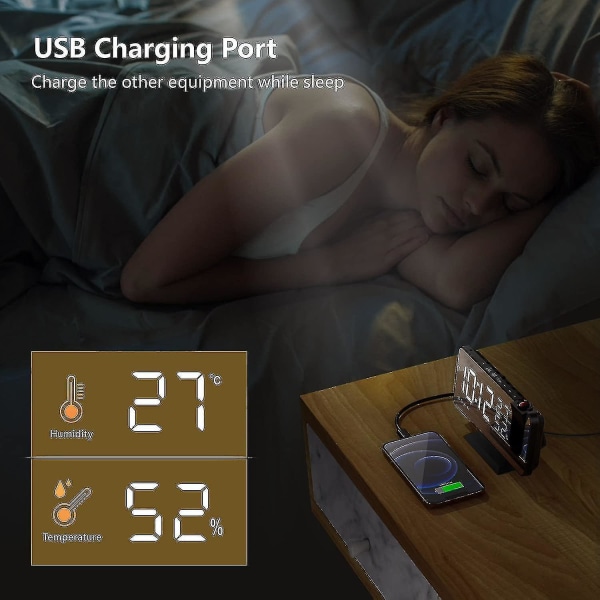 Väckarklocka Projektor Tak Radio Väckarklocka Med Led Spegel Skärm USB Laddningsport Snooze Funktion Dubbel Alarm Digital Klocka För Sovrum, Kök