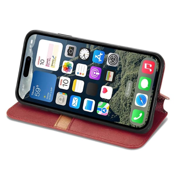 PU læder etui med rombe-præg, pung og stativ til iPhone 16 - Grøn Multicolor Red