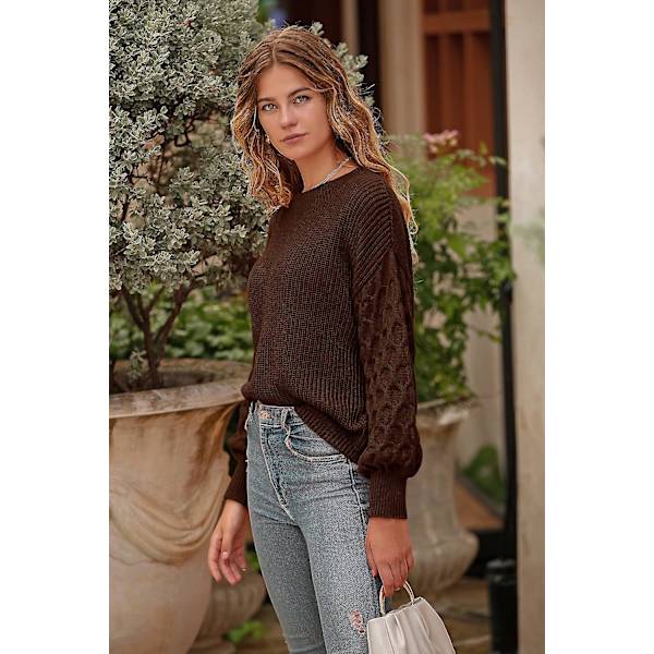 Dame 2023 Vinter Pullover Sweater Afslappet Langærmet Rund Hals Løs Tyk Strikket Jumper Toppe Bluse Coffee X-Large