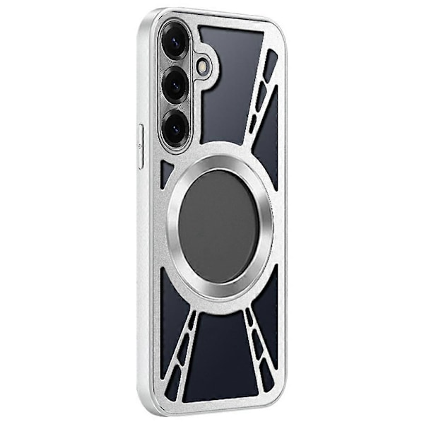 Skal för Samsung Galaxy S24+ Magnetiskt Ställ Ihålig Värmeavledning Silikon + PC + Metallram Multicolor Silver