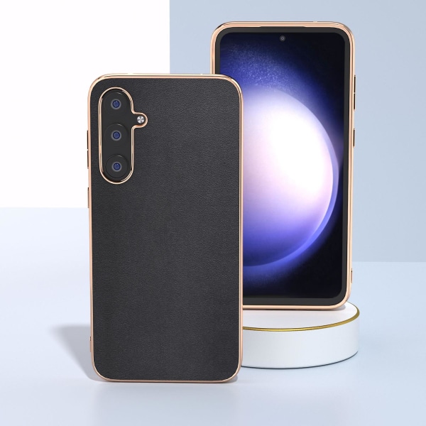 Samsung Galaxy S23 Fe Nappa-pintainen galvanoidulla pinnoitteella varustettu puhelinkotelo, nahkapäällysteinen PC+TPU-takakuori Black