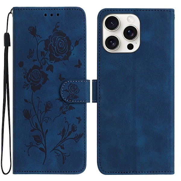 Plånboksfodral för iPhone 16 Pro Rosmönster Präglat Läder Flip Ställ Telefonskal Multicolor Dark Blue