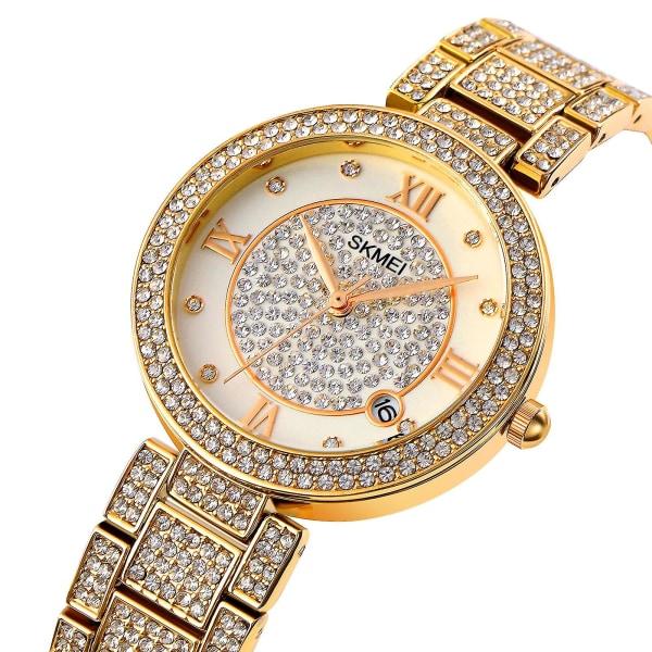 Skmei 1739 Diamond Round Dial Quartz Watch For Ladies Gold