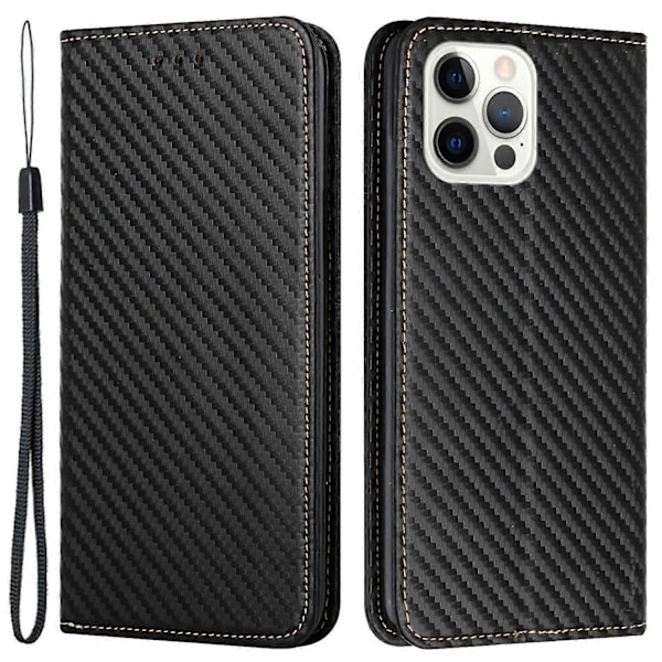 Til iPhone 15 Pro Max Kulfibertekstur PU Læder+TPU Wallet Case Foldbart Stativ Telefon Cover Multicolor Style A