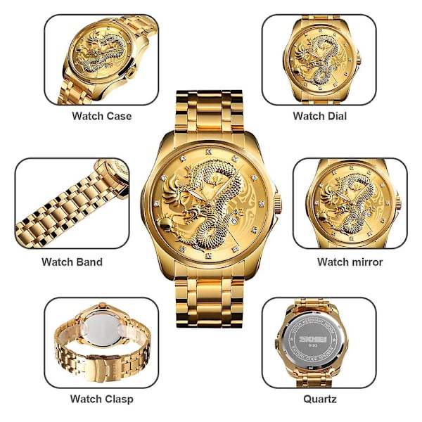 Skmei 9193 Men Golden Dragon Pattern Dial Quartz Watch Gold