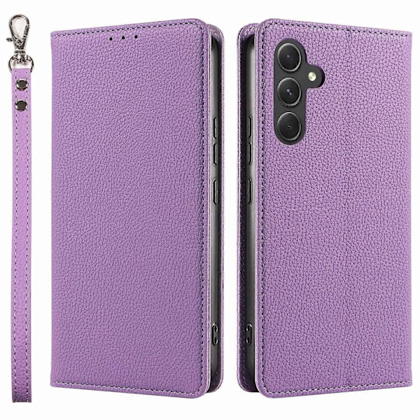Til Samsung Galaxy A56 5G Etui Magnetisk Litchi Tekstur Tegnebog Læder Telefon Cover med Håndledsrem Multicolor Purple