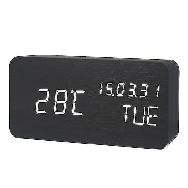 Ny kreativ gåva Led evighetskalender Träklocka Sovrum Trä Elektronisk väckarklocka Tyst digital klocka (svart)