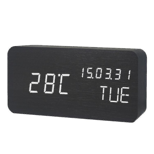 Ny Kreativ Gave LED Evighedskalender Træ Ur Soveværelse Træ Elektronisk Vækkeur Lydløst Digitalt Ur (sort)