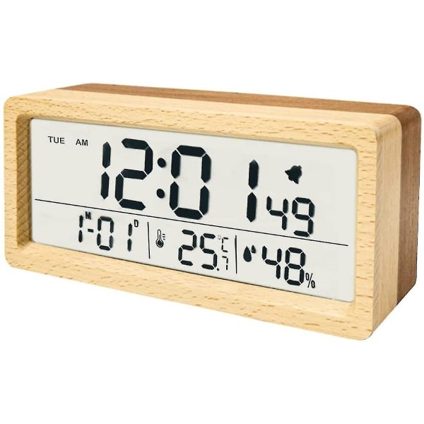 Träbatteridriven digital väckarklocka med nattljus, snooze, kalender, temperatur och luftfuktighet, 12/24 timmar omkopplingsbar (bambu)