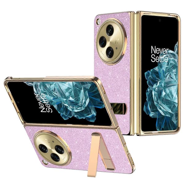 För OnePlus Open Fodral Ställ Glitter PU Läder+PC Vikbart Telefonskal