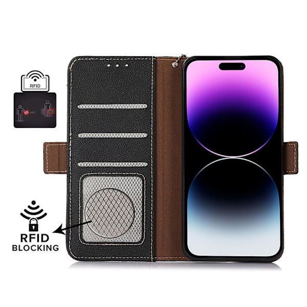 Stativ Phone case För Iphone 15 Pro Max, Läder Rfid Blockerande Plånbok Smartphone Cover Black