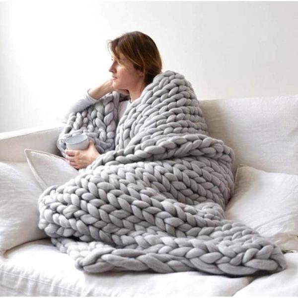Ny Chunky Knit håndstrikket pledd, stort strikket ullteppe, seng T