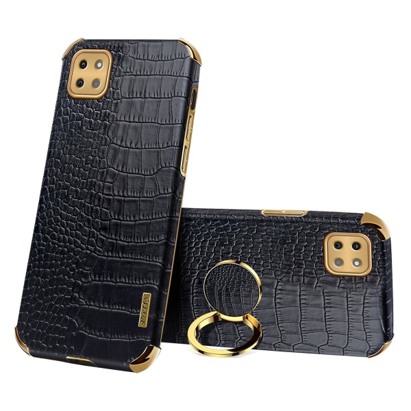 För Samsung Galaxy A22 5g (eu-version) Crocodile Texture Pu-läderbelagd TPU- case Galvaniseringsring Kickstand Cover Black