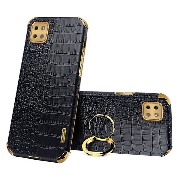 Til Samsung Galaxy A22 5g (eu Version) Krokodille Tekstur Pu Læder Belagt Tpu Etui Elektroplettering Ring Støtteben Telefon Cover Black