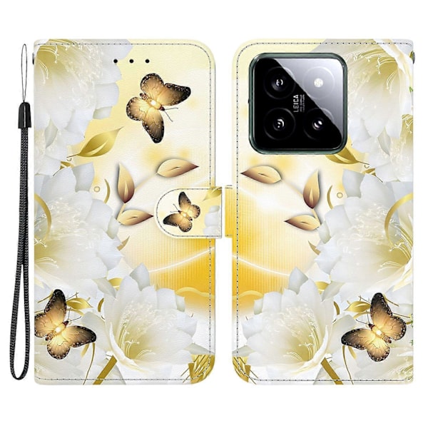 Til Xiaomi 14 Telefon Cover Mønster Print Pung Læder Cover Multicolor Gold Butterfly Flower
