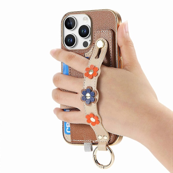 W2 iPhone 16 Pro -kotelo korttipidikkeellä, nahkainen takakansi, 3D-kukka rannekoru - Vihreä Multicolor Brown