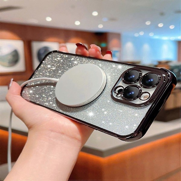 Glitter Cover til iPhone 14 Pro Kompatibel med MagSafe TPU Telefon Cover Kærlighedshjerte Elektroplettering