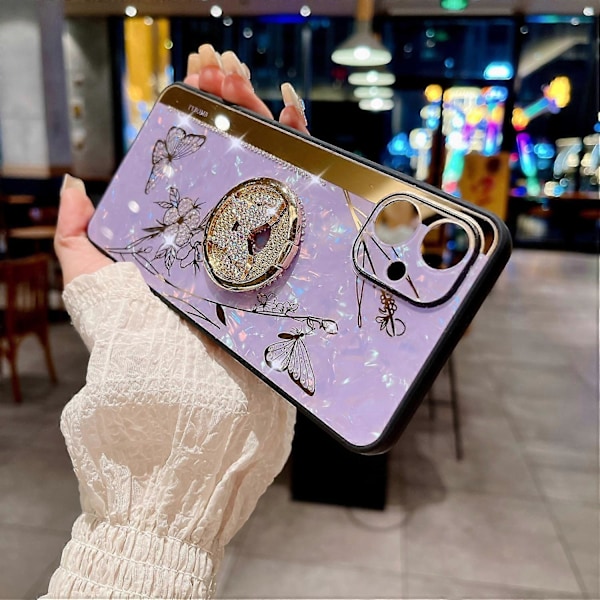 Til Samsung Galaxy A06 Etui Rhinestones Dekor Støtteben TPU+PC Sommerfugl Blomster Telefon Cover Multicolor Style C