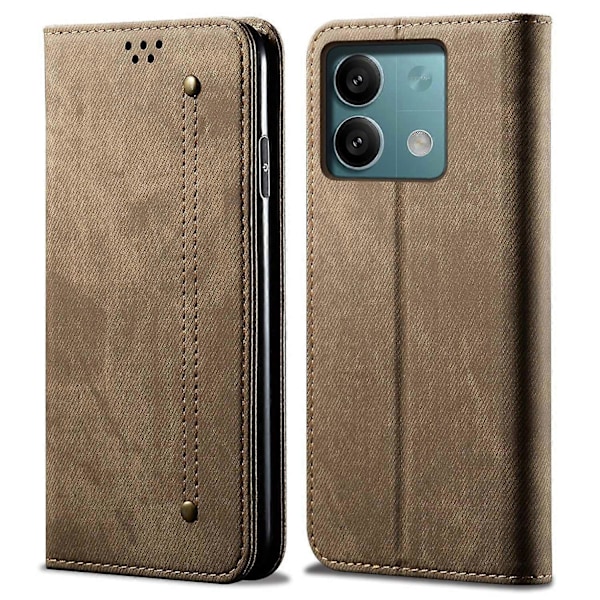 Læder Wallet Case med Jeansstoftekstur og Stødsikkert TPU-skjold til Xiaomi Redmi Note 13 4G Multicolor Khaki