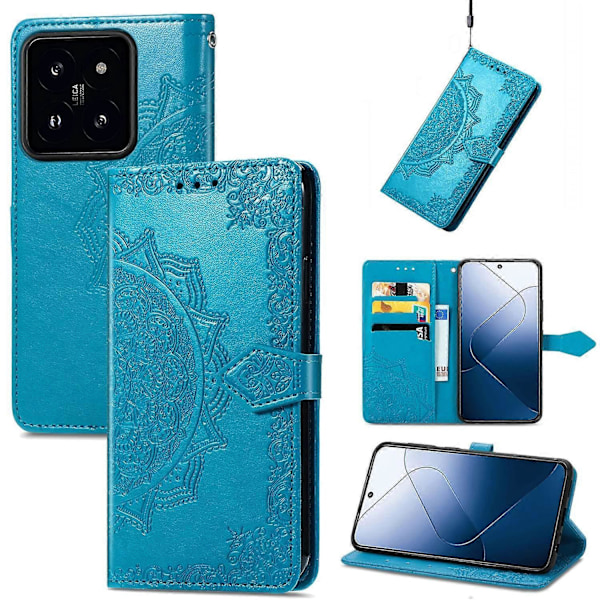 Til Xiaomi 14T Pro Etui Mandala Præget Design Læder Wallet Telefon Cover - Grå Multicolor Blue