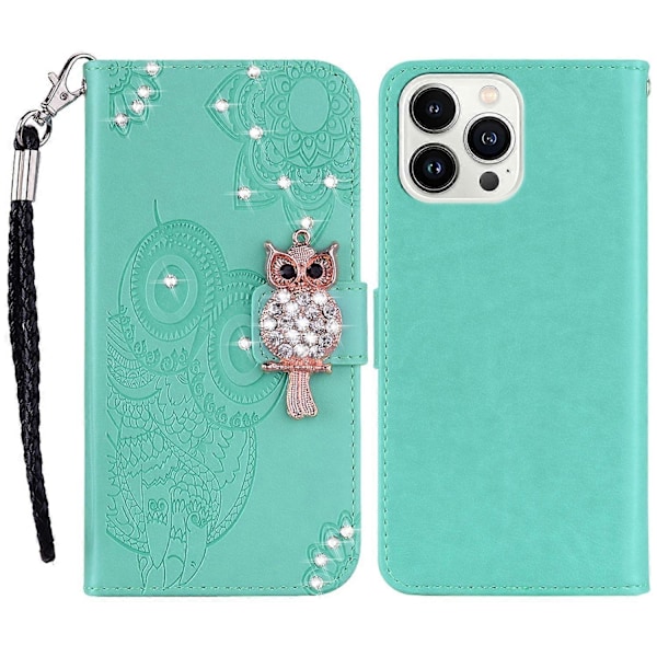 För iPhone 15 Pro Fodral Strass Uggla Tryckt PU Läder Ställ Plånbok Telefonskal Multicolor Style C
