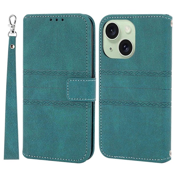 För iPhone 15 Plus Skal Präglat PU Läder Plånbok Anti-fall Telefonskydd med Rem Multicolor Style E