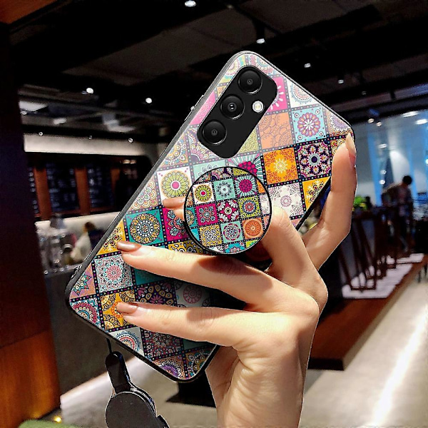 Til Samsung Galaxy A35 5G Støtteben Etui Hærdet Glas+PC+TPU Telefon Cover Multicolor Checkered Pattern