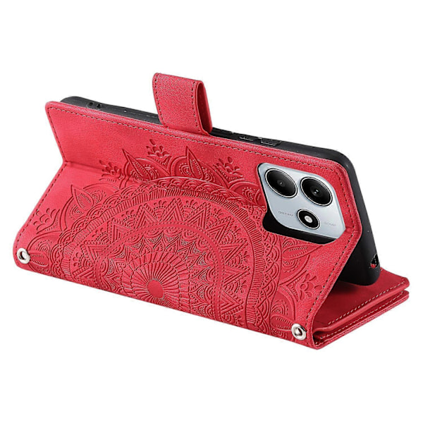 Style 006 til Xiaomi Redmi Note 14 5G Wallet Case PU Læder Telefon Cover Mandala Blomster Mønster - Grå Multicolor Red
