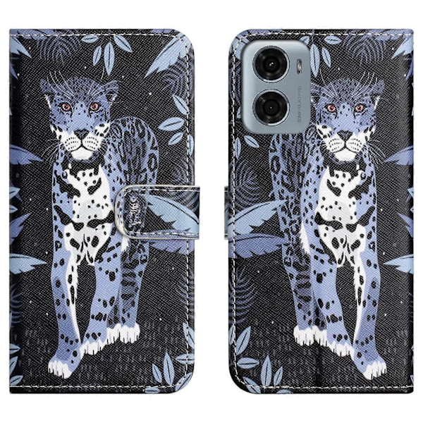 Motorola Moto E15 4G/G05 4G -kotelo, kuvioitu PU-nahkainen lompakkokotelo, ristikkäinen tekstuuri - Panda Multicolor Leopard