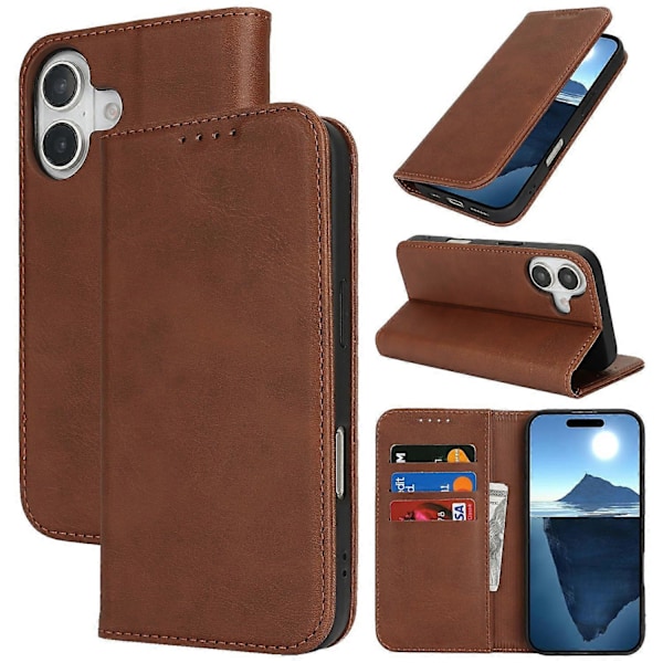 Fodral för iPhone 16 Plus PU Läder Kalvtextur Magnetisk Stängning Smart Telefonskydd Multicolor Style C