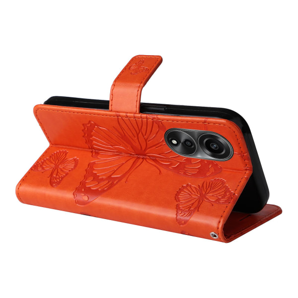 Læder Etui til Oppo A78 4g, Tegnebog Stand Præget Sommerfugl Telefon Cover Orange