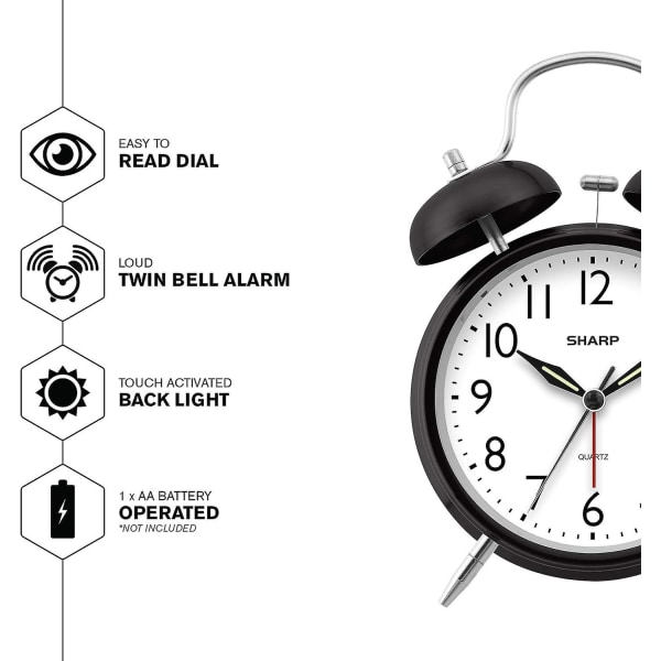 Twin Bell Väckarklocka - Högt alarm - Perfekt för tunga sovandes - Batteridriven Quartz Analog klocka