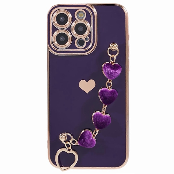 Elektroplettert TPU-telefondeksel med hjertekjedestropp for iPhone 15 Pro Multicolor Style D
