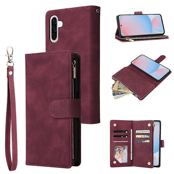 Til Samsung Galaxy A56 5G Etui Lynlås Pung Flere Kortpladser Læder Telefon Cover Multicolor Wine Red