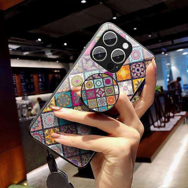 Deksel til iPhone 16 Pro Max med stativ, etnisk mønster, herdet glass og stropp Multicolor Checkered Pattern