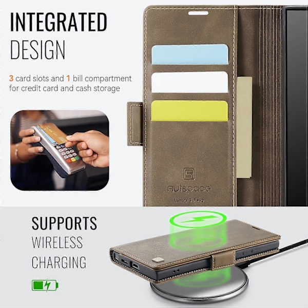 For Samsung Galaxy S23 Ultra Deksel AUTSPACE A11 RFID-blokkerende Retro Lær Mobiltelefon Lommebokdeksel Multicolor Brown