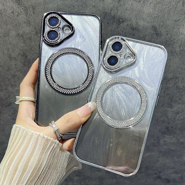 Magnetiskt skal för iPhone 16, fjädertextur, bling, glittrigt TPU+PC-telefonskal Multicolor Style E