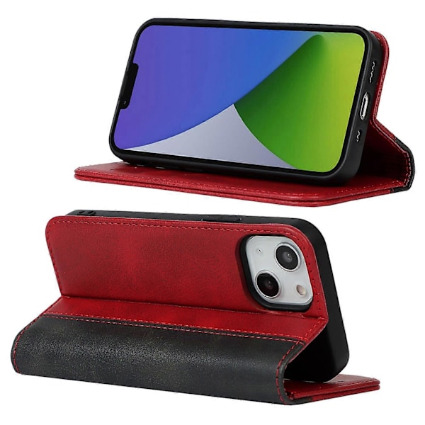 iPhone 15 Plus PU-nahkainen puhelinkotelo, kaksivärinen liitos, naarmuuntumaton, jalustallinen lompakkokotelo Multicolor Style F