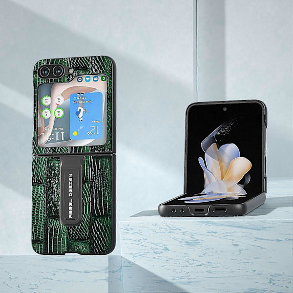 Samsung Galaxy Z Flip5 5G Mahjong -kuvioinen jalustakotelo aitoa lehmännahkaa + PC-puhelinkotelo Multicolor Style C