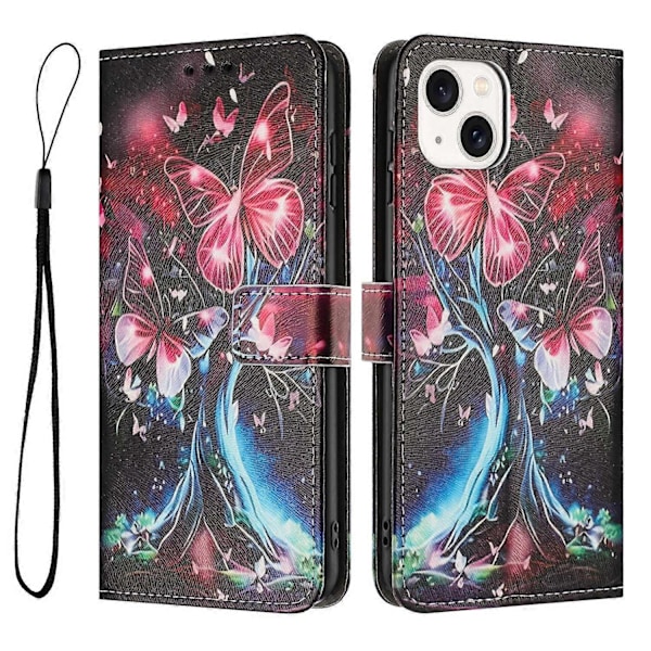 YX-2501 Plånboksfodral för iPhone 15 Plus/ 14 Plus Mönstertryck PU Läder Telefonskal med Snodd Multicolor Butterfly Tree