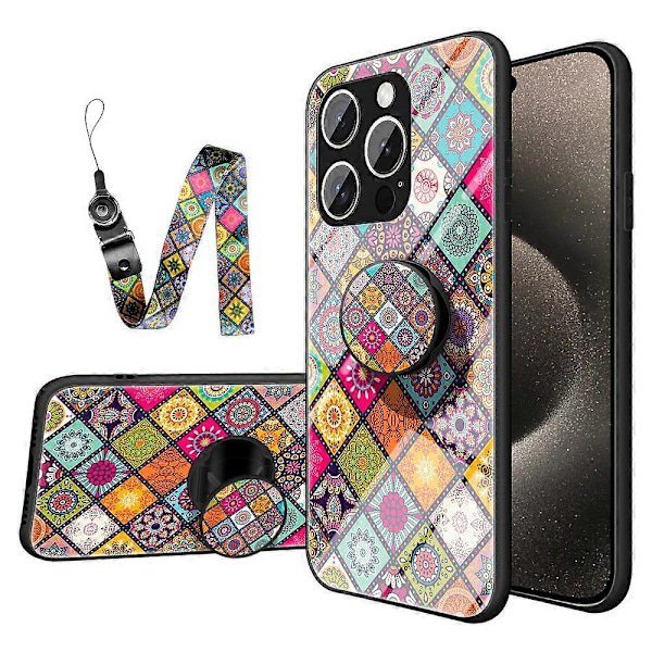 iPhone 16 Pro Max -kotelo, jalusta, etninen kuvio, karkaistu lasinen puhelinkuori hihnalla Multicolor Color Pattern