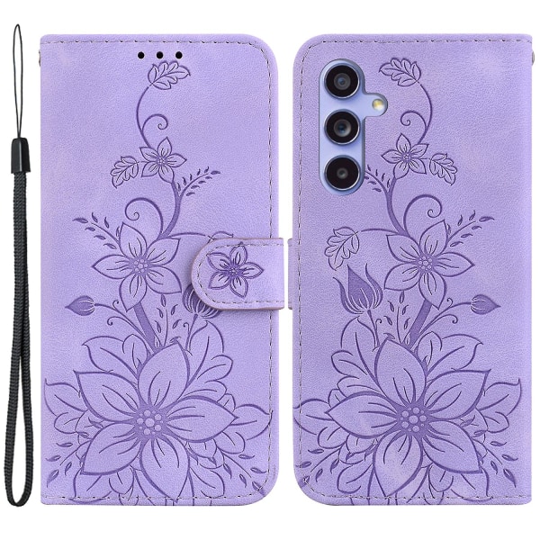 För Samsung Galaxy S23 Fe Imprinted Lily Flower Smartphone Case Pu Läder Stativ cover Purple