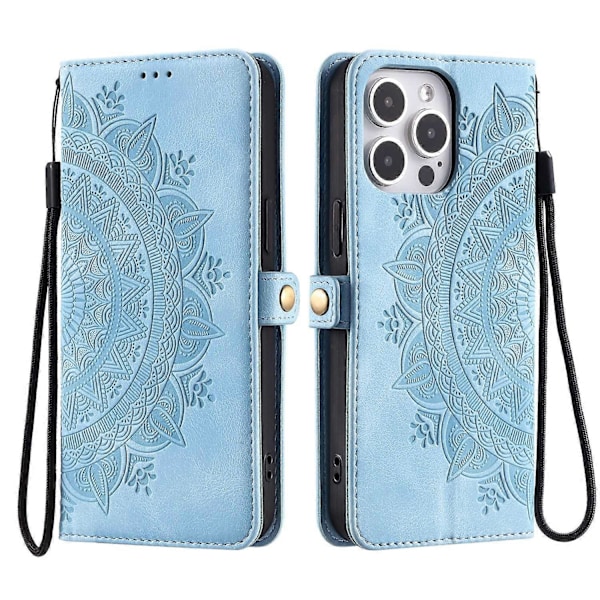 Style 016 Til iPhone 14 Pro Cover Hudfølelse Totem Præget Tegnebog Læder Telefon Cover - Sort Multicolor Lake Blue