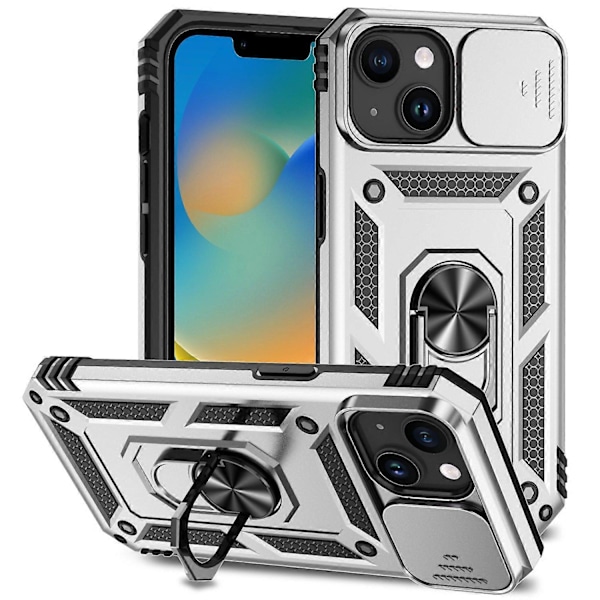Skal med skjutbart kameraskydd för iPhone 15 Plus Fodral Metallring Ställ PC+TPU Skydd Multicolor Style F