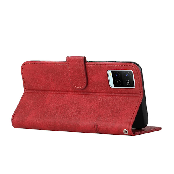For Vivo Y33s / Y21s / Y21 Sammenleggbart Stativ Sydd Pu-Lærveske Stativ Magnetisk Lukking Støtsikker Flip Folio Bokdeksel Med Stropp Red