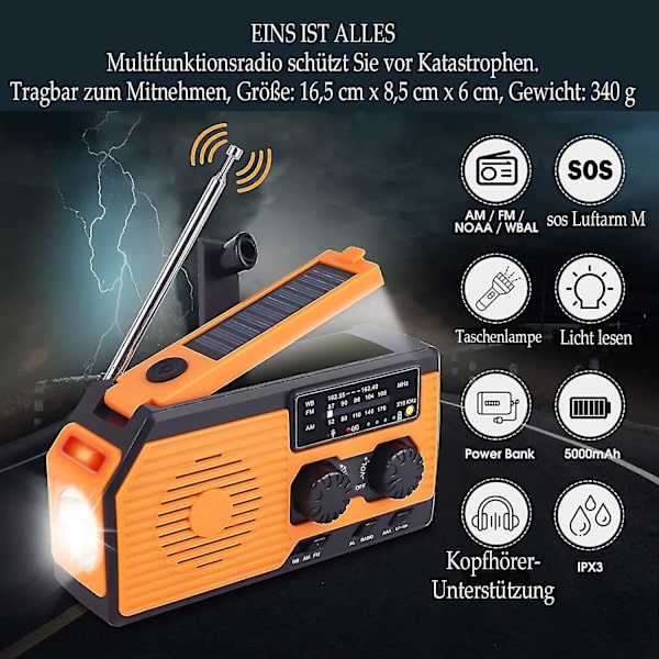 Vevradio med batteri nödutrustning, 5000mah solradio Dynamo Powerbank på FM Wb med ficklampa, läslampor, sos-larm, vattentät