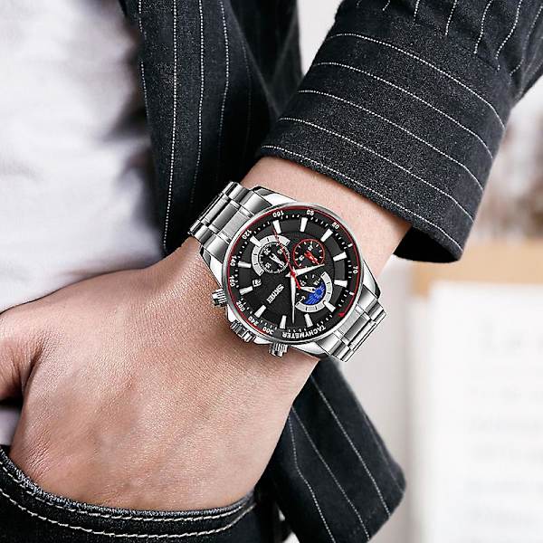 Skmei 9250 Men Moonphase Stoppur Date Quartz Watch Silver Blue Silver black