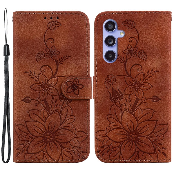 För Samsung Galaxy S23 Fe Imprinted Lily Flower Smartphone Case Pu Läder Stativ cover Brown