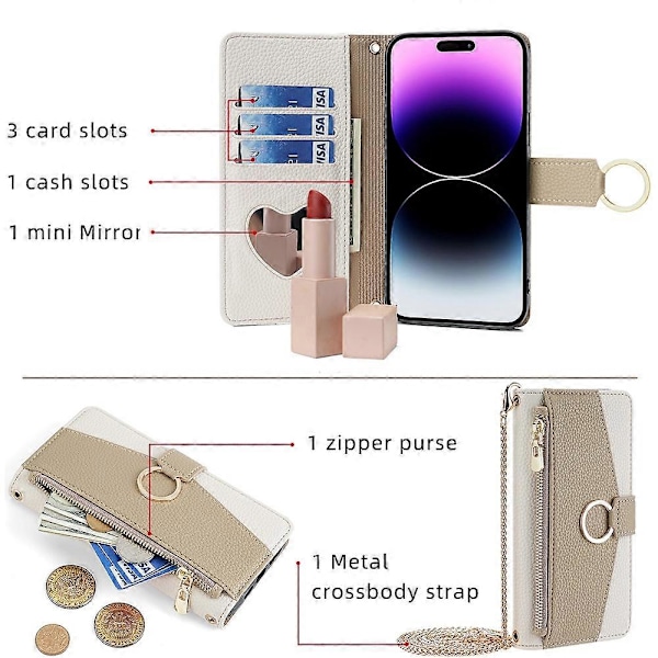 För iPhone 15 Pro PU Läder Ringhållare Telefonfodral Plånboksställ Fullt Skydd Skal med Sminkspegel Multicolor Style C