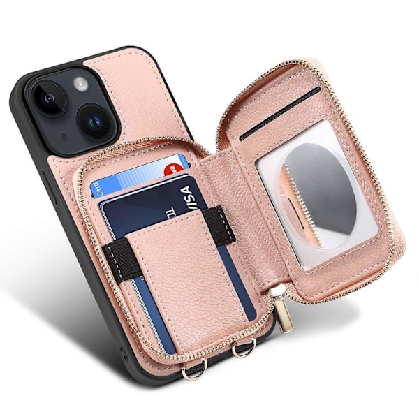 iPhone 15 Plus -puhelimelle jalustallinen vetoketjullinen lompakkotakakansi PU-nahkaa + TPU-puhelinkotelo ketjulla Multicolor Style B